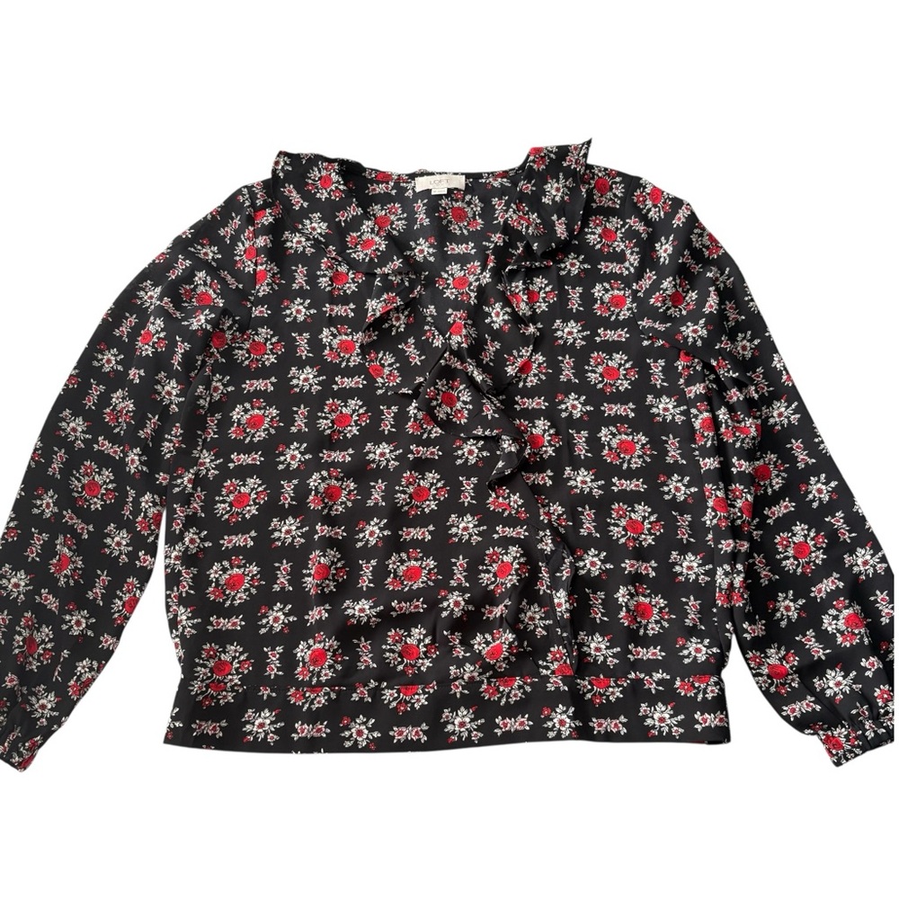 LOFT Ruffle Floral Black / Red Blouse Size XS — BEAUTIFUL!!! - Picture 3 of 9